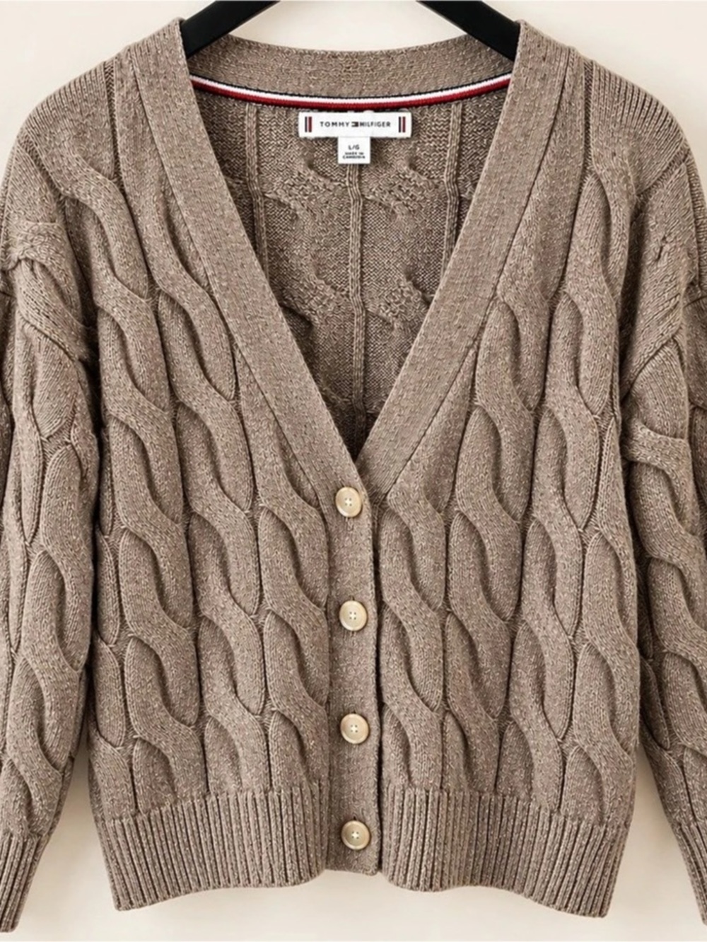 Tommy Hilfiger Cable Knit Cardigan L Taupe Grandpa Sweater Preppy